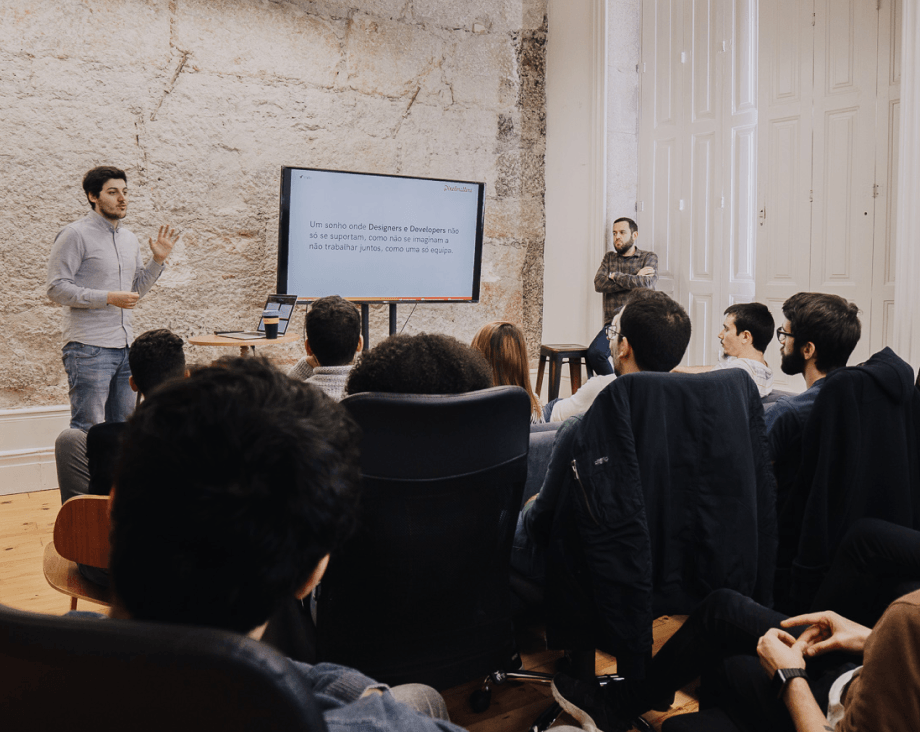 André Oliveira, Founder & CEO of Pixelmatters, presenting a keynote speech to the team