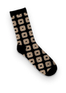 A black sock with a Pixelmatters 10 Years logo pattern